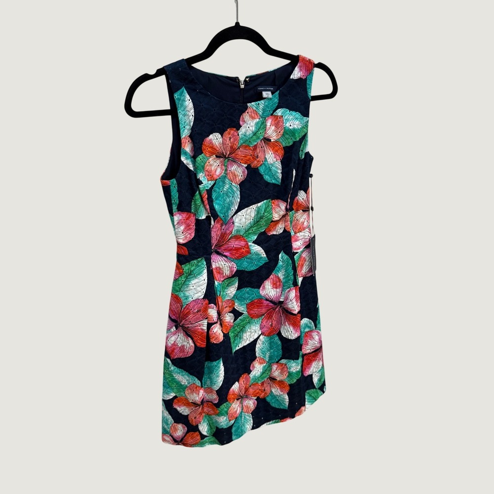 Tommy Hilfiger Floral Eyelet Cotton Dress Navy Pink 2P Coastal Preppy Tropical